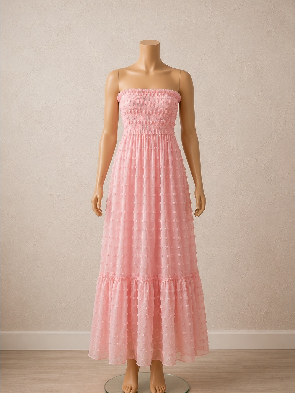 Strapless Pink Maxi Dress with Smocked Bodice